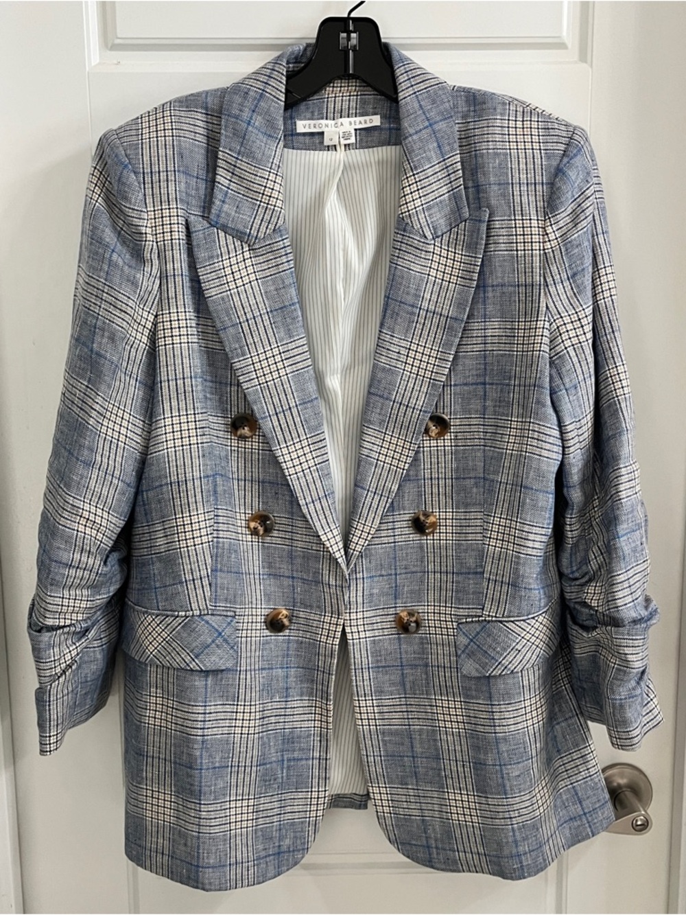 Veronica Beard Blue & White Plaid Double-Breasted Jacket | Size 12